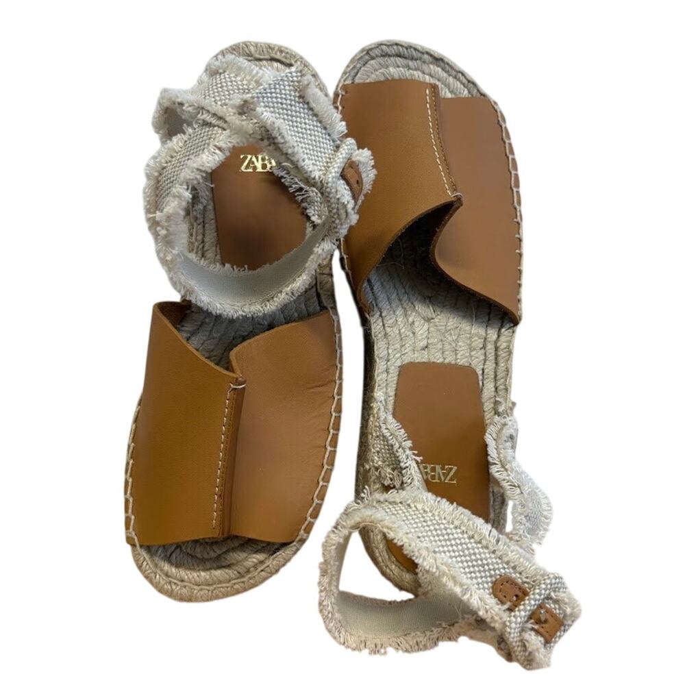 Zara Leather Flatform Espadrille Sandals Tan Ankle Strap Boho EU 39 US 8